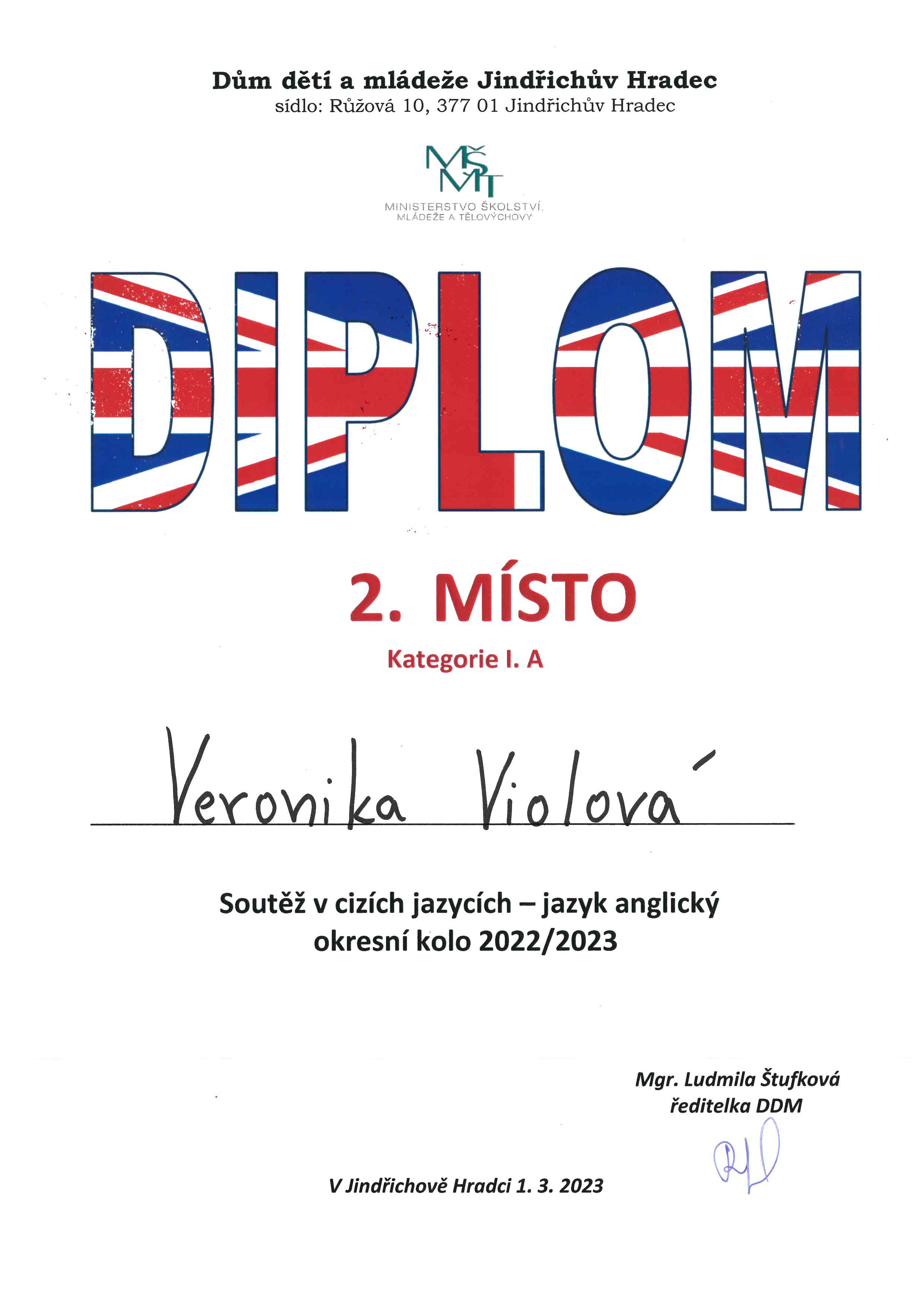 Diplom 2. místo v AJ- okresní kolo V. Violová